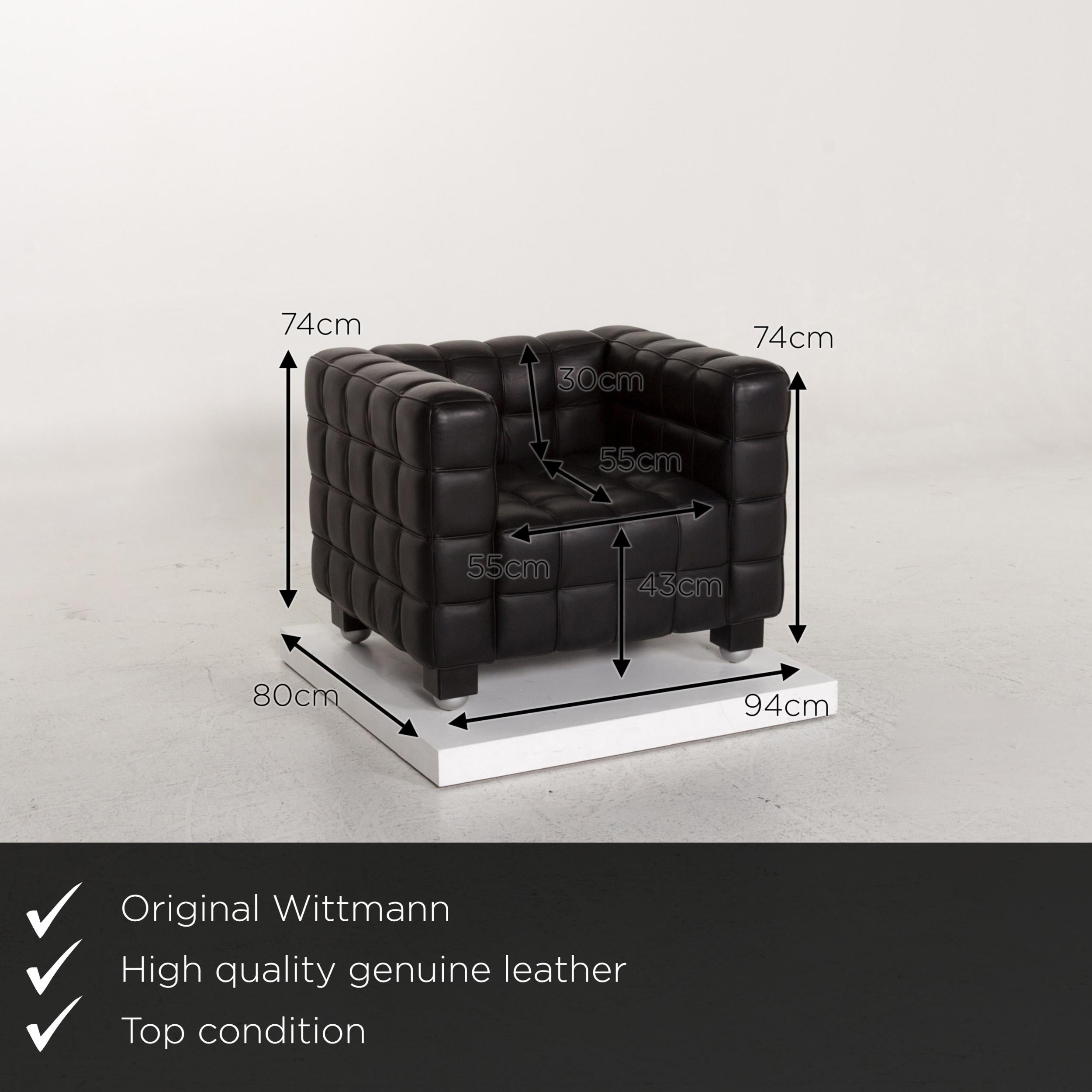 We present to you a Wittmann Kubus leather armchair black.
 
 

 Product measurements in centimeters:
 

Depth 80
Width 94
Height 74
Seat height 43
Rest height 74
Seat depth 55
Seat width 55
Back height 30.