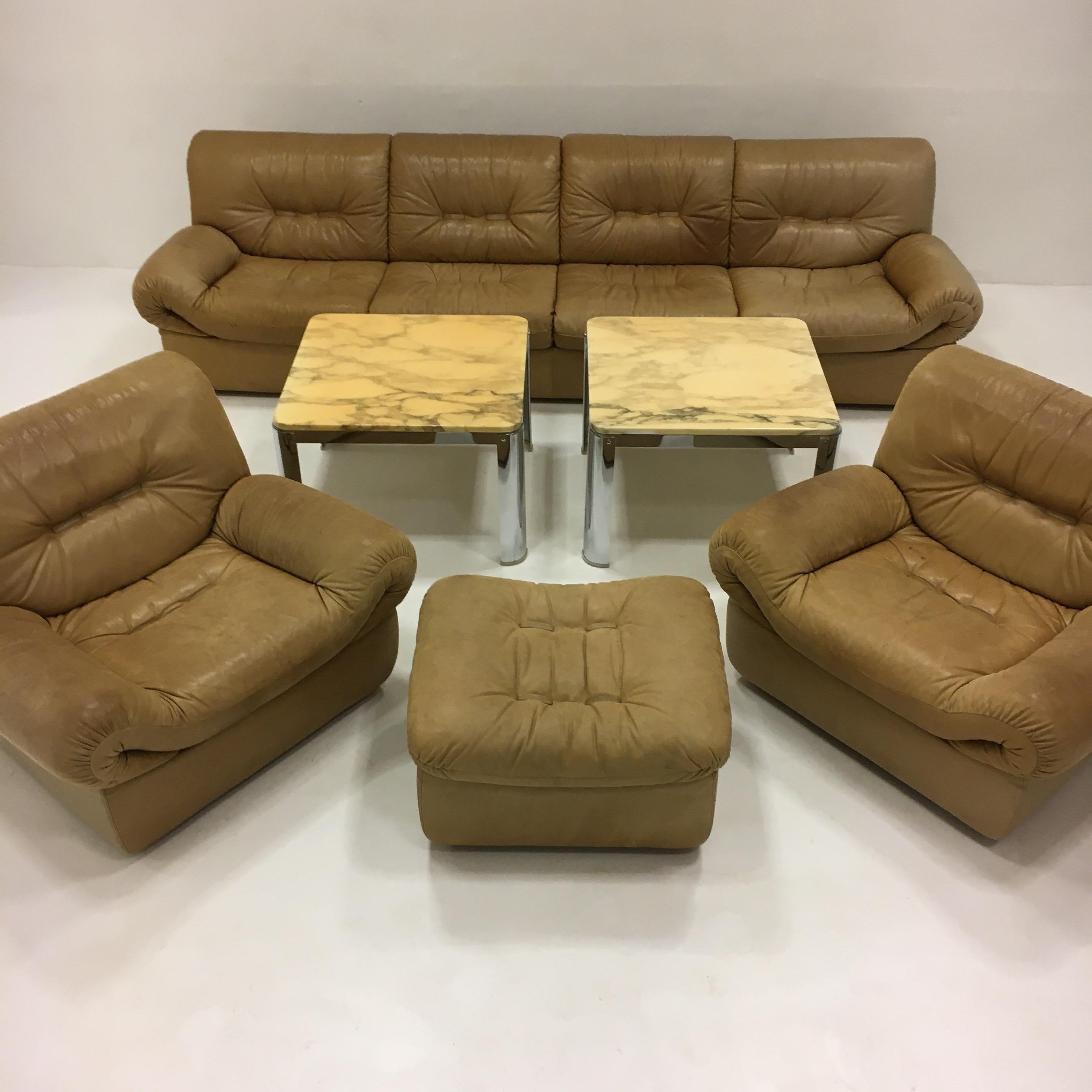 Wittmann, model 'Chairman' sofa suite living room set, patinated leather, 1971.