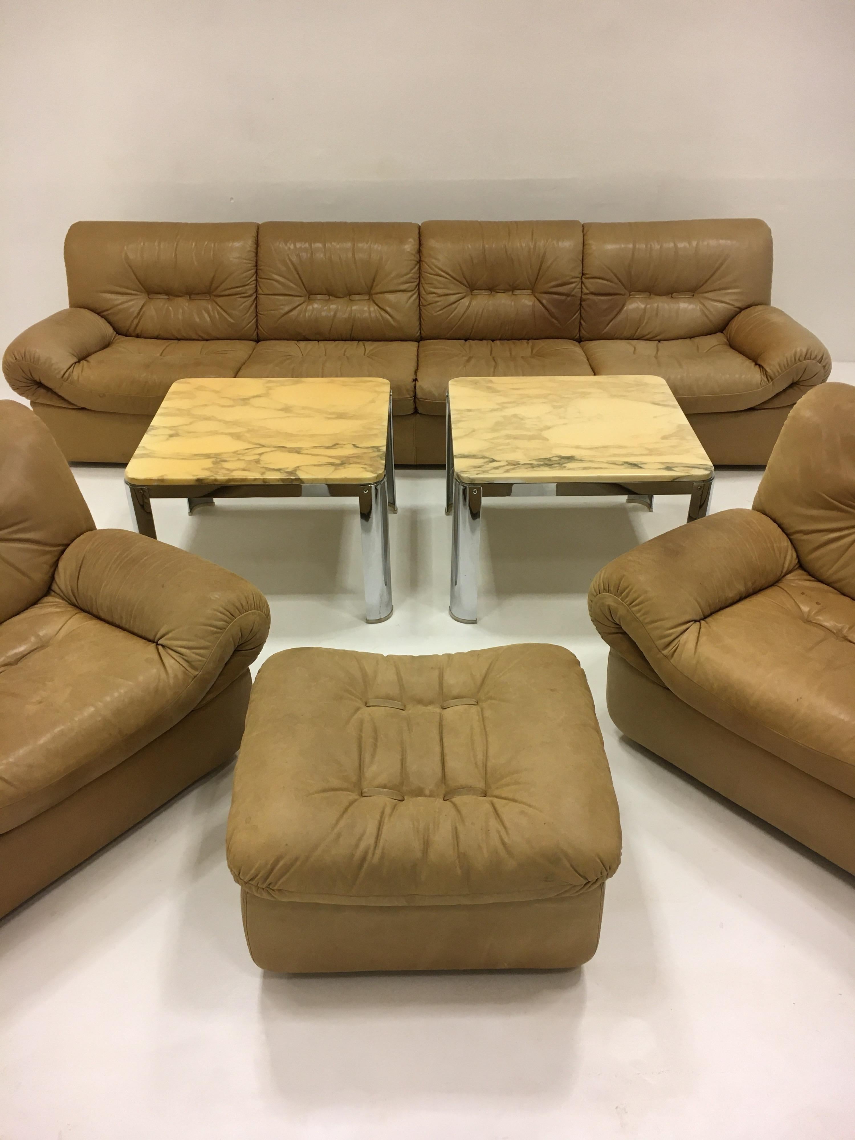 Mid-Century Modern Wittmann, Model 'Chairman' Sofa Suite Living Room Set, Patinated Leather, 1971 For Sale