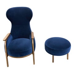 Wittmann Navy Velvet Vuelta High Back Lounge Armchair and Ottoman by Jaime Hayon