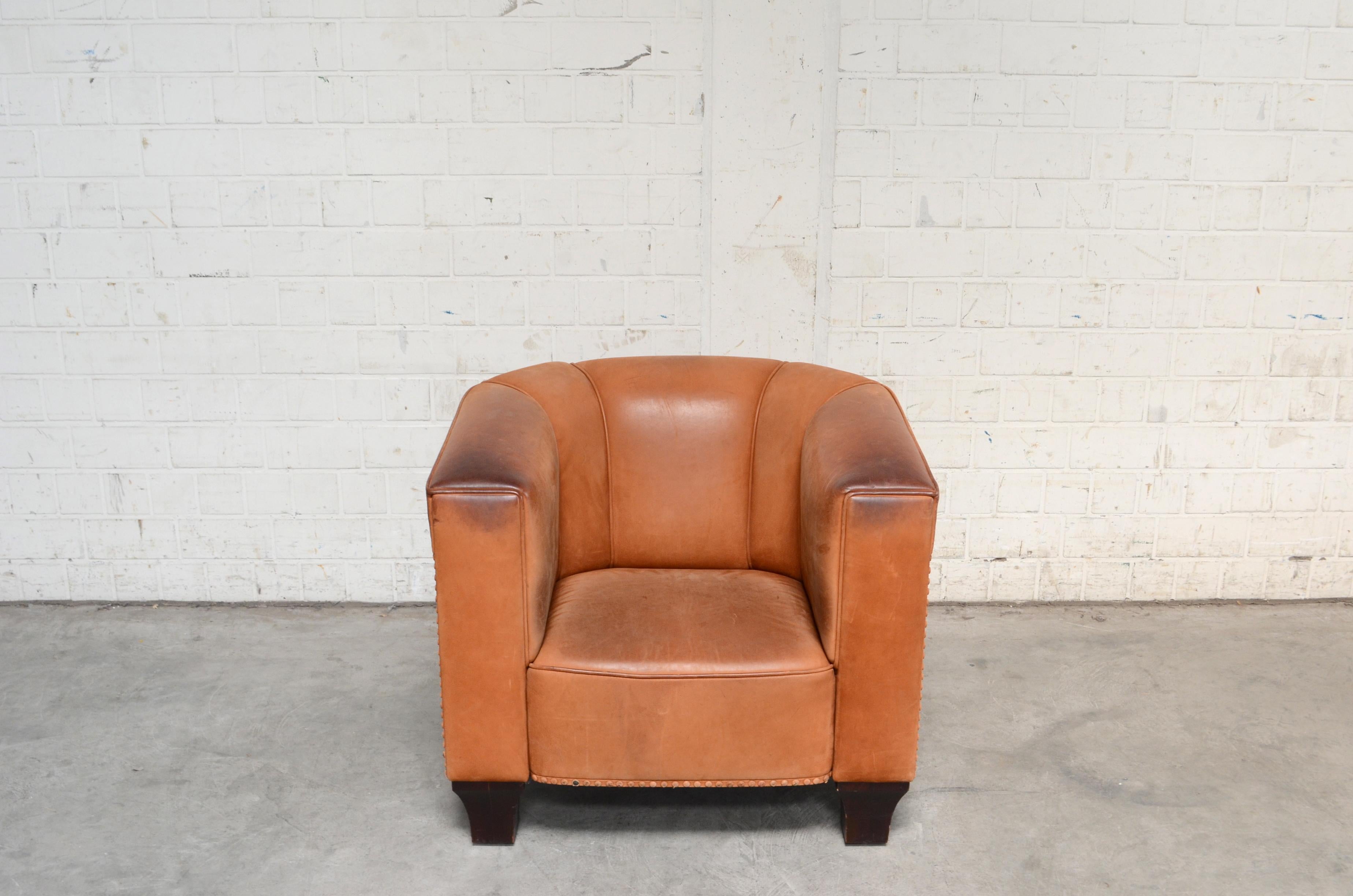 Vienna Secession Wittmann Palais Stoclet Vintage Cognac Leather Armchair by Josef Hoffmann