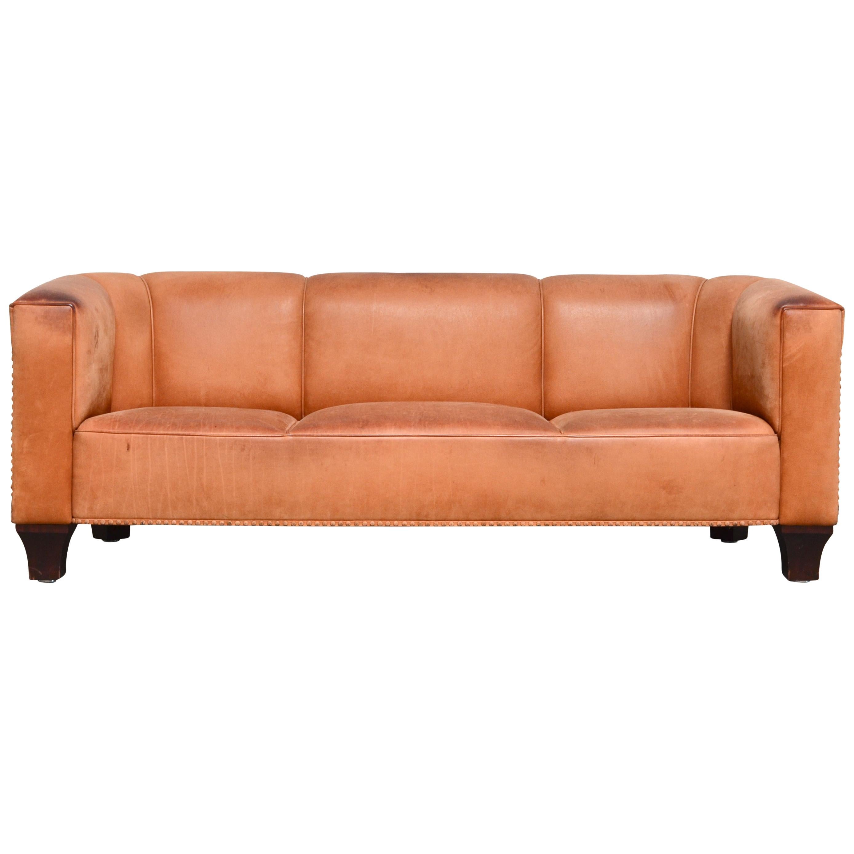 Wittmann Palais Stoclet Vintage Cognac Leather Sofa by Josef Hoffmann