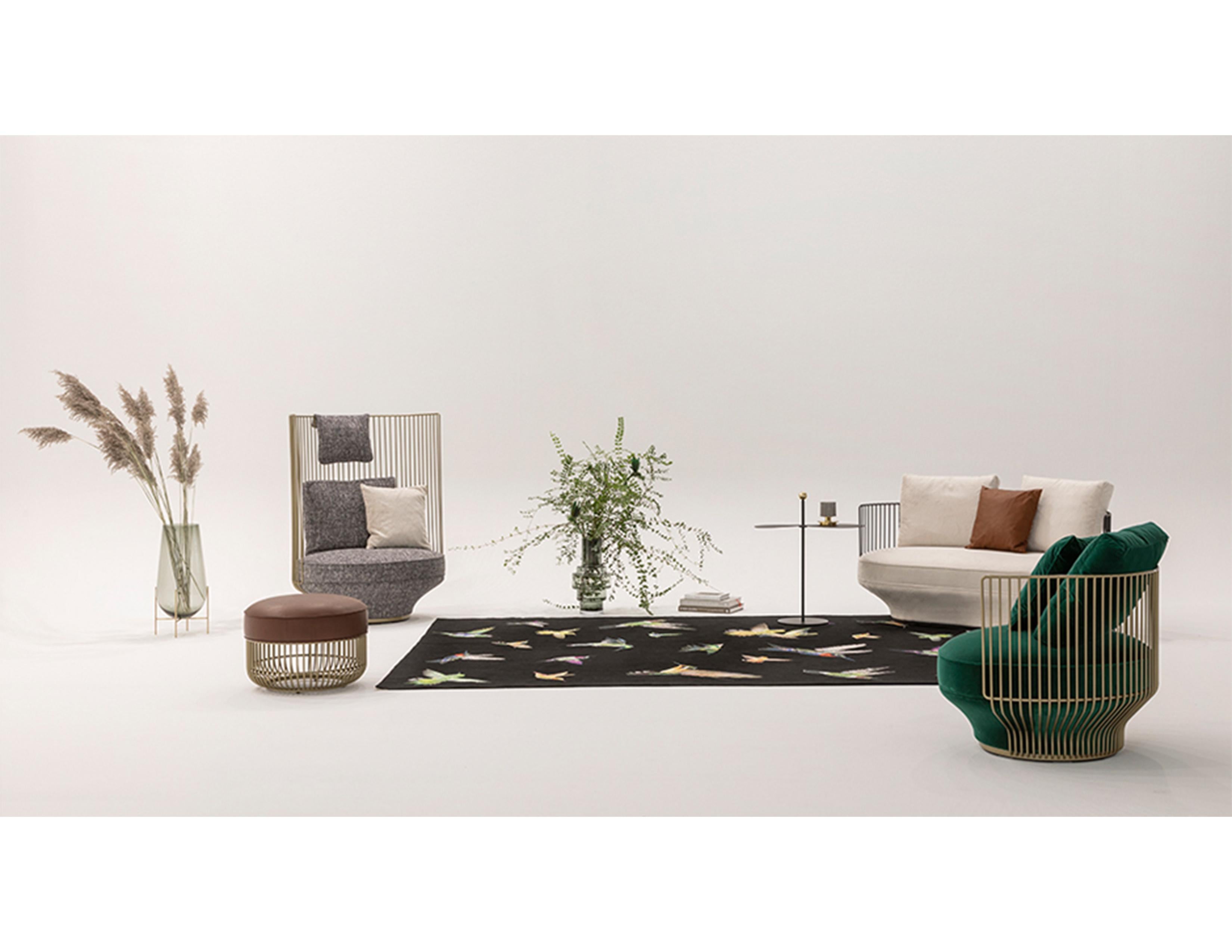 Many different upholstery materials available.
Standard: Black grey fine powder-coated
On request: Brass satin matte finish.
Standard piping.
Paradise bird is a collection of unusual pieces of furniture: it manifests an attitude to life, an