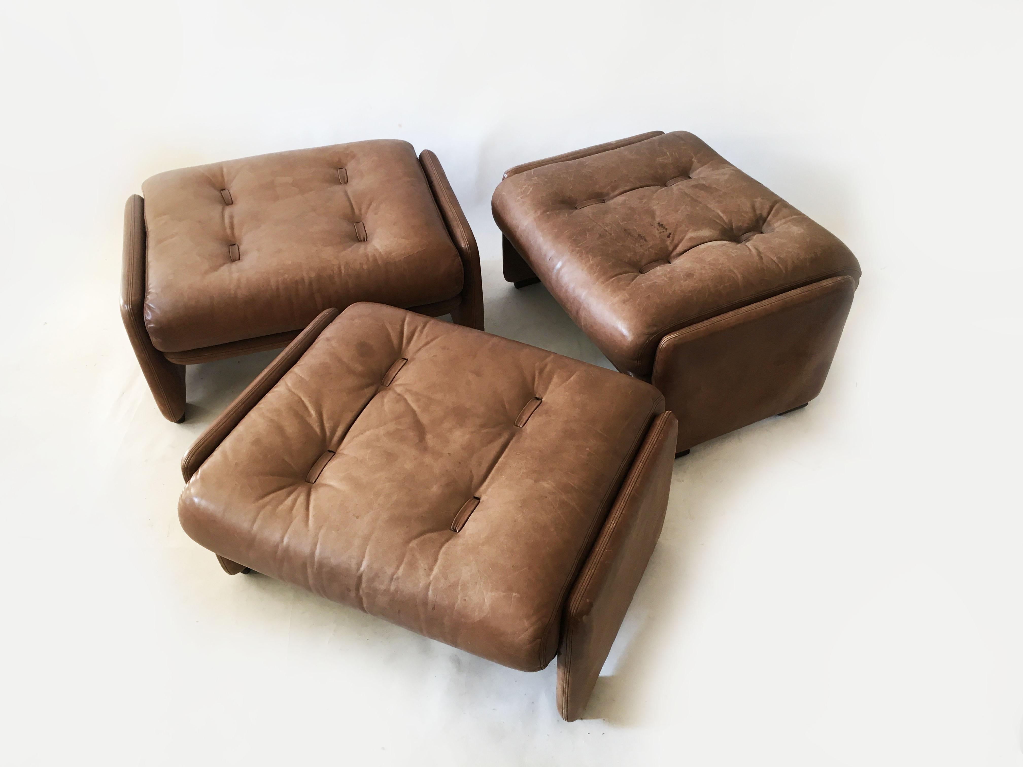 Mid-Century Modern Wittmann Patinated Leather Ottoman Model 'Atrium' Set of Three, Austria, 1970s