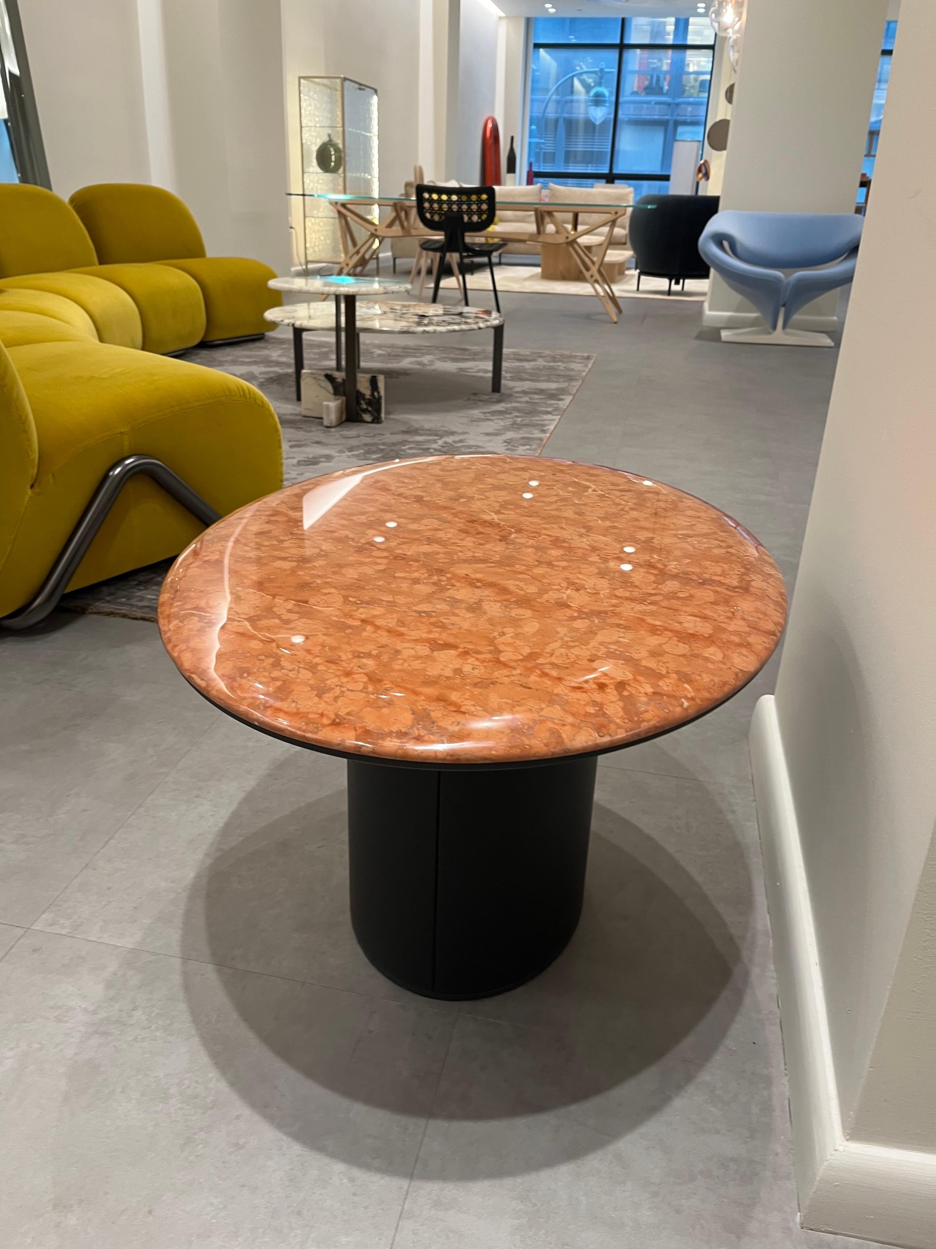 1)Antilles Giallo Table 52 x 40 h = 45 cm
Marble Giallo Reale
Base: leather covered Color black
Glides: felted glides

2)Antilles Rosso 76 x 60 h = 45 cm
Marble Rosso Asiago
Base: leather covered Color black
Glides: felted glides

At the time of the