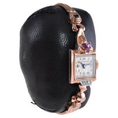 Wittnauer 14Kt. Reloj Art Déco 1940 de oro rosa para señora con bisel de rubíes y diamantes