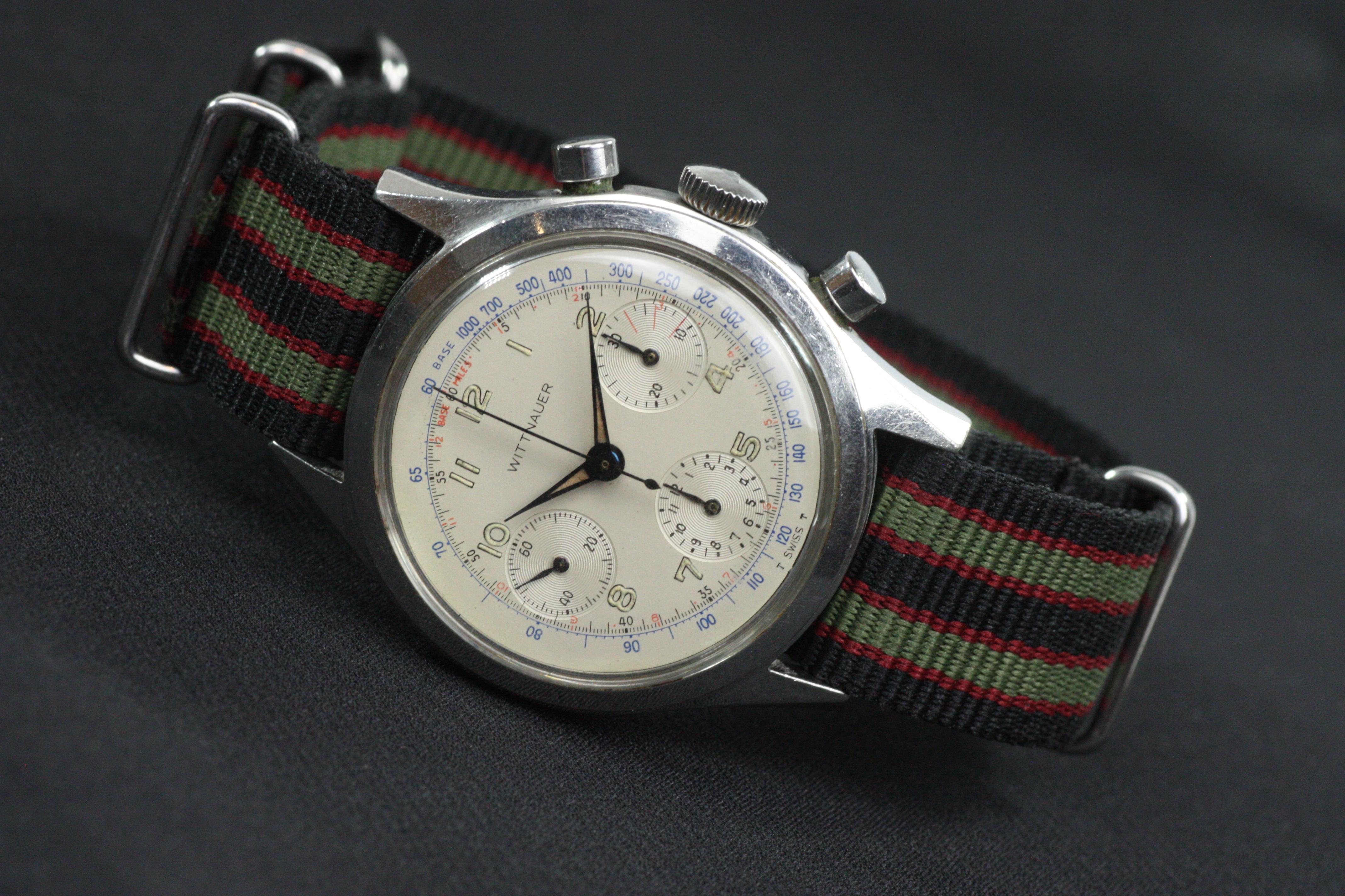 Stunning and rare circa 1960 Wittnauer 3 register chronograph gentleman's wristwatch in very good condition. Amazing example with excellent signed dial, signed case back, and signed movement. The unpolished stainless steel case shows light signs of