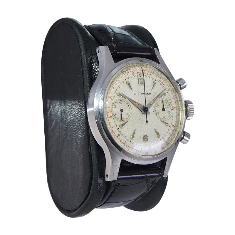 FACTORY / HOUSE: Wittnauer Watch Company
STYLE / REFERENCE: Chronograph / Two Register 
METAL / MATERIAL:  Stainless Steel
CIRCA / YEAR: 1940's / 50s'
DIMENSIONS / SIZE: Length 44mm X Diameter 35mm
MOVEMENT / CALIBER: Manual Winding / 17 Jewels /
