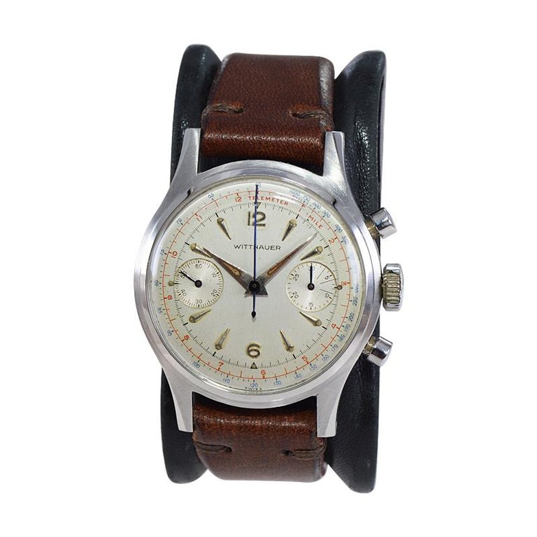 Art Deco Wittnauer Stainless Steel High Grade Chronograph with Original Dial, 1950's For Sale