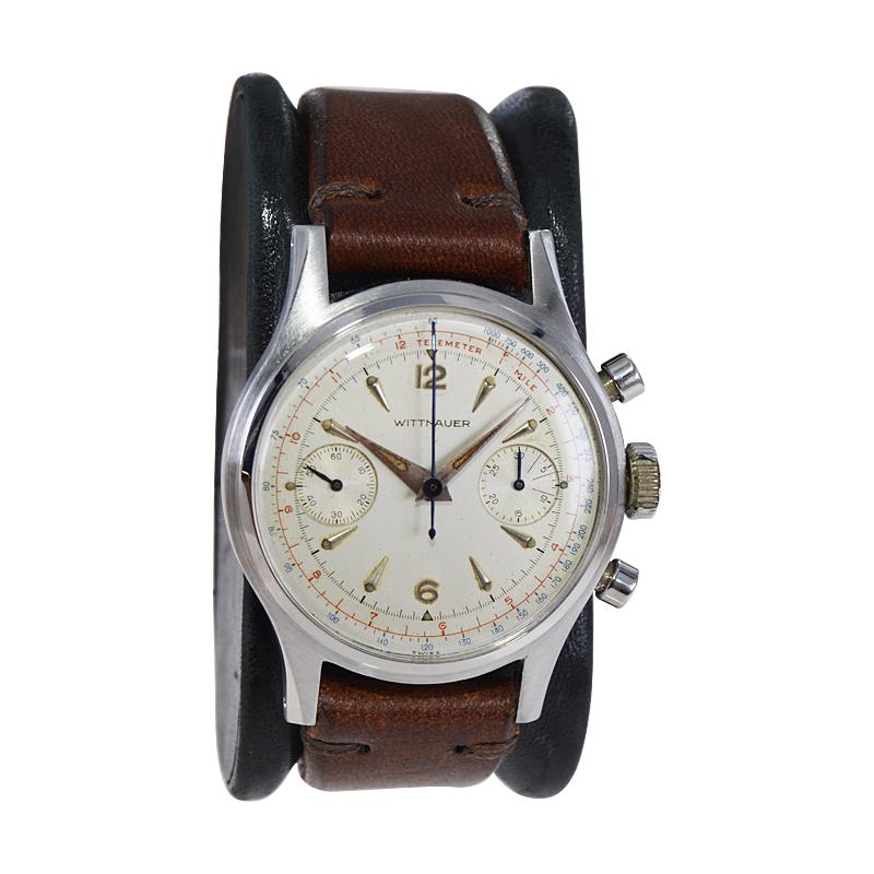 Wittnauer, chronographe en acier inoxydable de haute qualité avec cadran d'origine, années 1950 Excellent état - En vente à Long Beach, CA