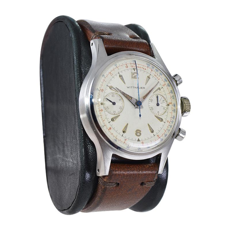 Wittnauer, chronographe en acier inoxydable de haute qualité avec cadran d'origine, années 1950 Unisexe en vente