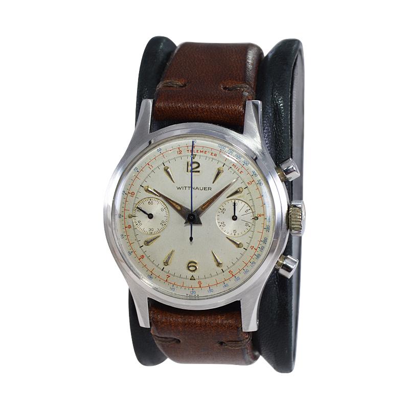 Wittnauer, chronographe en acier inoxydable de haute qualité avec cadran d'origine, années 1950 en vente 2