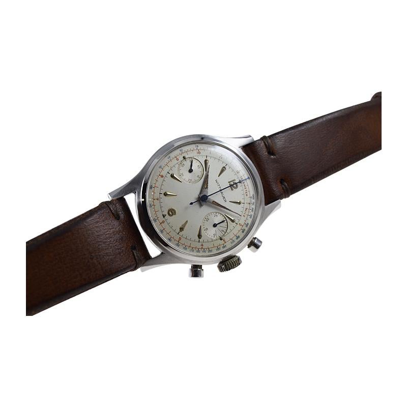 Wittnauer, chronographe en acier inoxydable de haute qualité avec cadran d'origine, années 1950 en vente 3