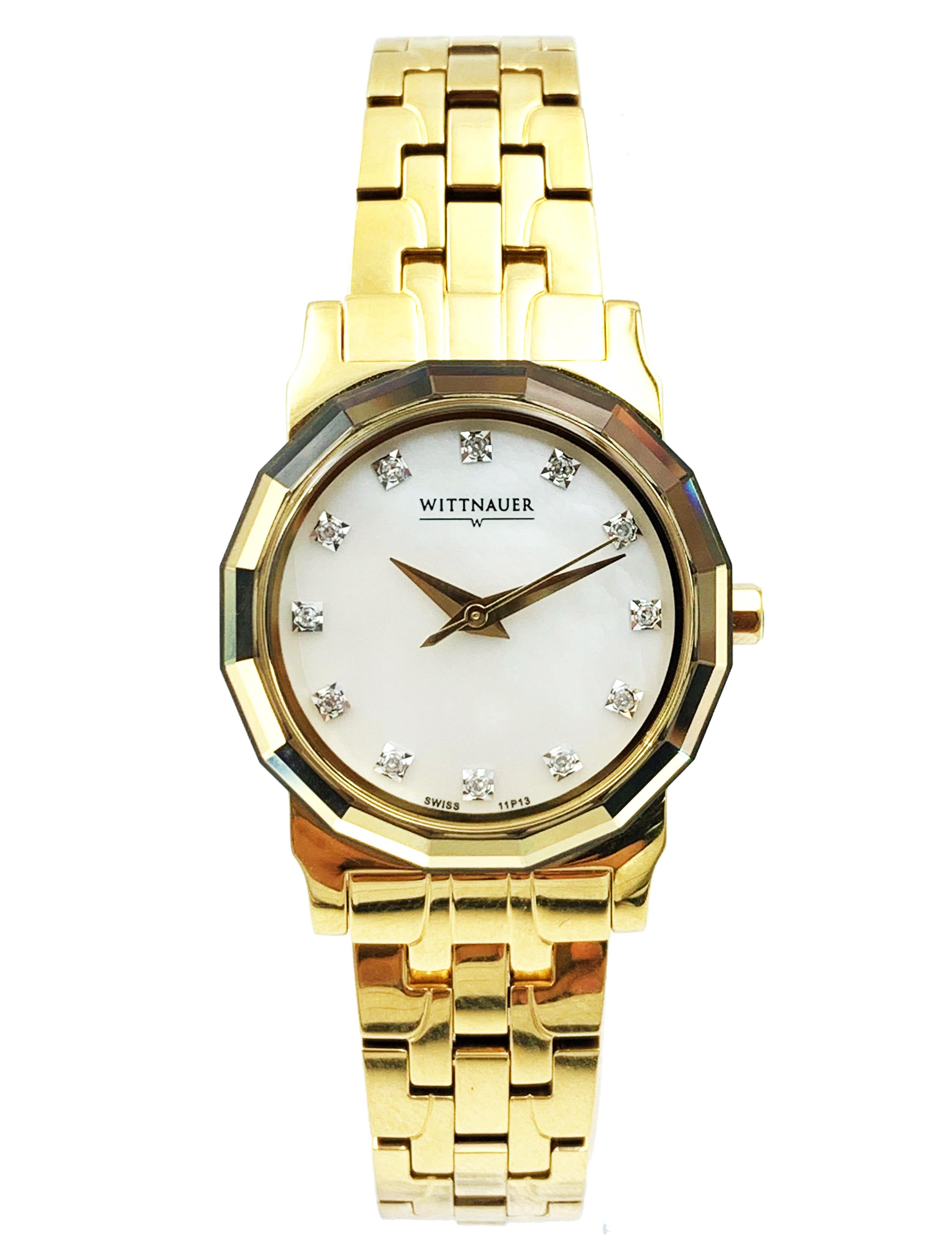 Pre-owned Wittnauer Winter Garden Gold-Tone Steel MOP Diamond Dial Ladies Watch 11P13. Minor scratches on back case of the watch. blemishes on case and on band. This Beautiful Timepiece is Powered by a Quartz (Battery) Movement and Features: