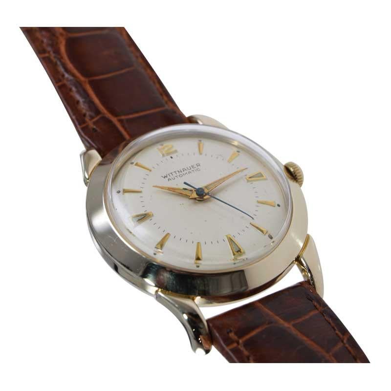 Women's or Men's Wittnauer Yellow Gold Filled Art Deco Round Watch with Original Dial, circa 1950 For Sale
