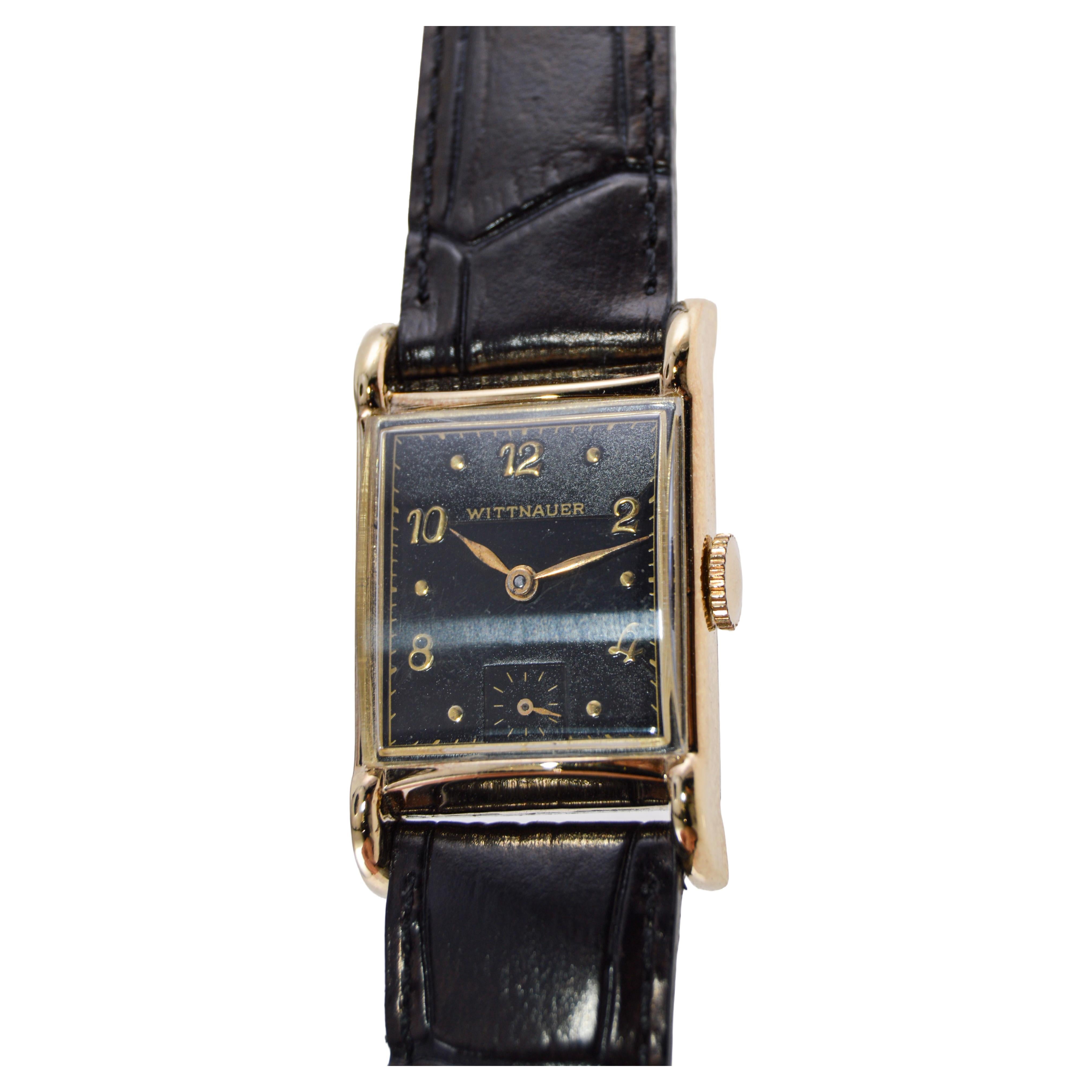 Women's or Men's Wittnauer Yellow Gold Filled Art Deco Tank Watch with Unique Dial 1940's