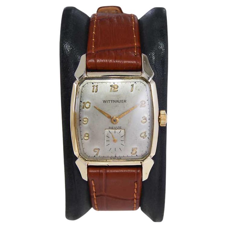 Wittnauer Yellow Gold Filled Art Deco Tonneau Shaped Watch, circa 1950's For Sale