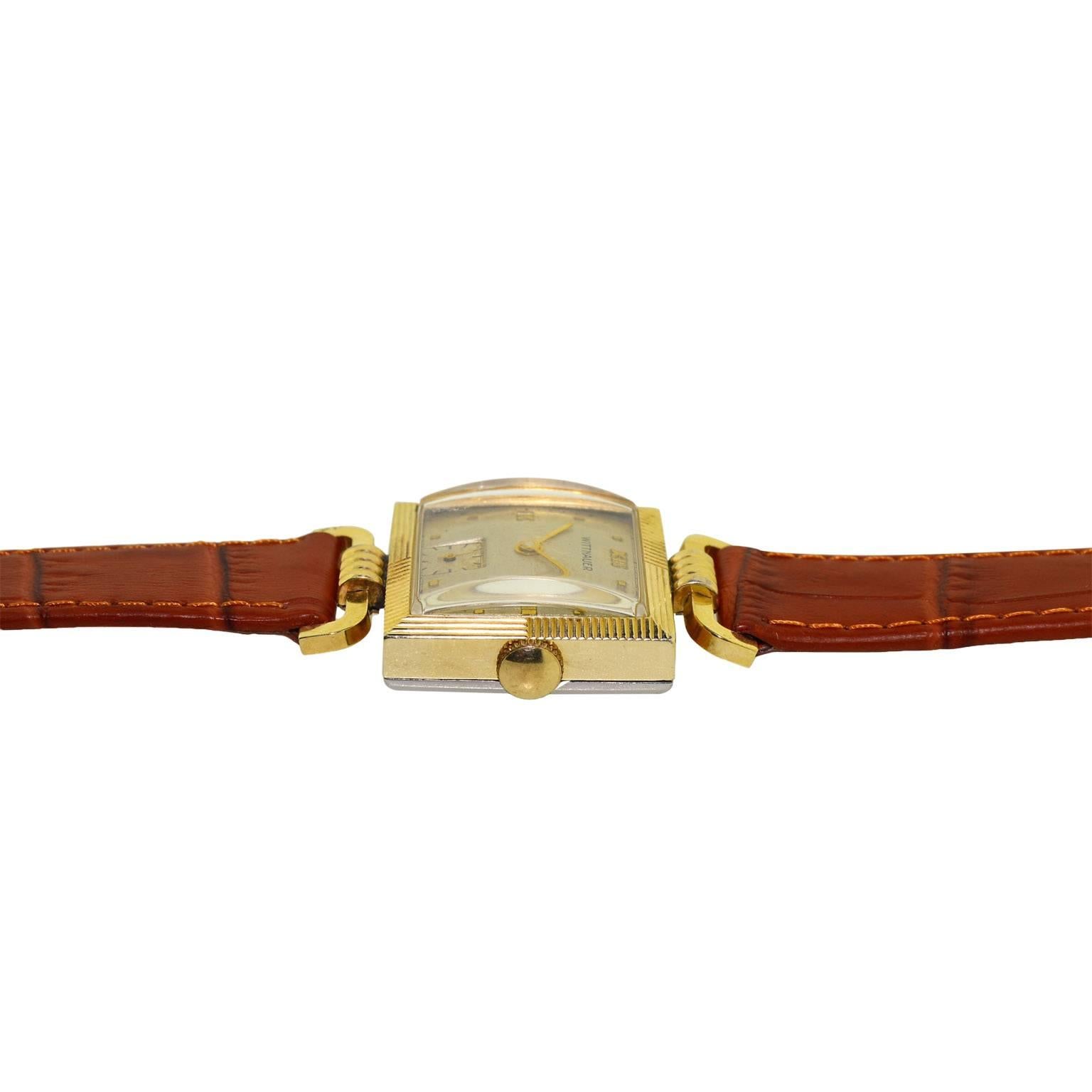 Art Deco Wittnauer Yellow Gold Filled Articulated Lugs Manual Wristwatch, circa 1940s