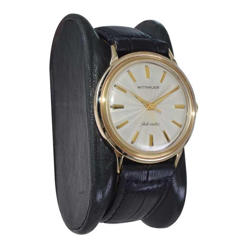 Art Deco Wittnauer Yellow Gold Filled with Rare Engine Turned Dial Automatic Watch, 1950s For Sale