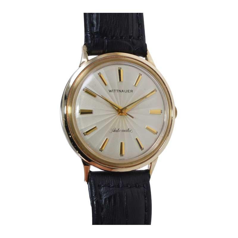 Women's or Men's Wittnauer Yellow Gold Filled with Rare Engine Turned Dial Automatic Watch, 1950s For Sale