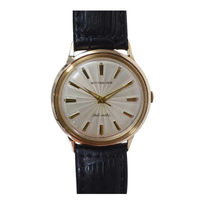 Wittnauer Yellow Gold Filled with Rare Engine Turned Dial Automatic Watch, 1950s For Sale 1
