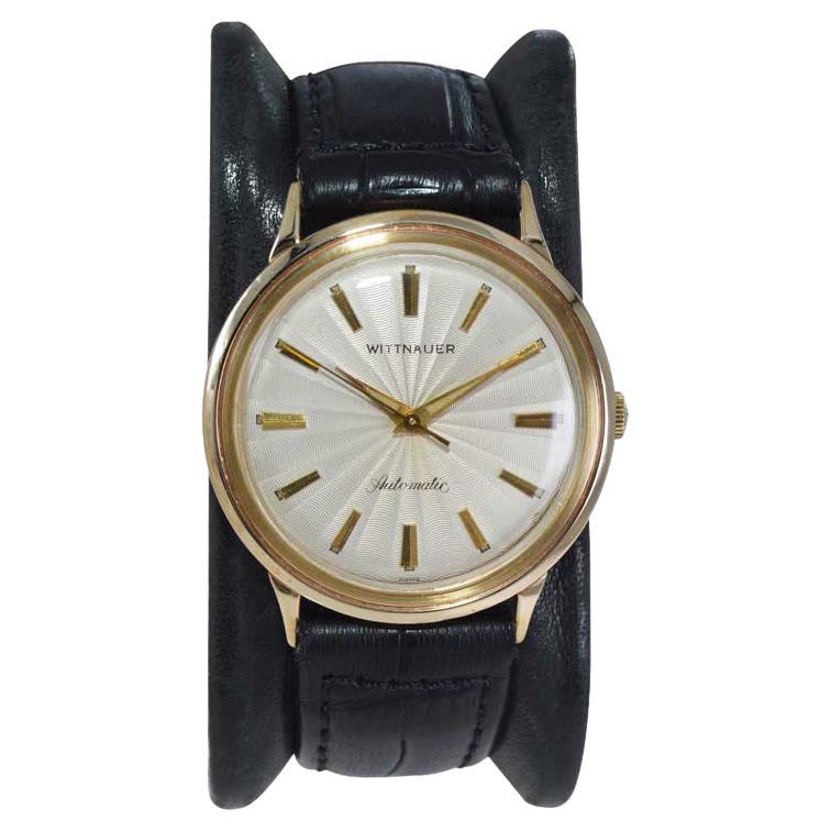Wittnauer Yellow Gold Filled with Rare Engine Turned Dial Automatic Watch, 1950s