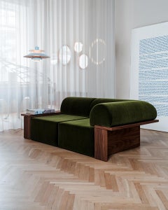 Wittorin sofa (2 modules), modular sofa in walnut and green upholstery