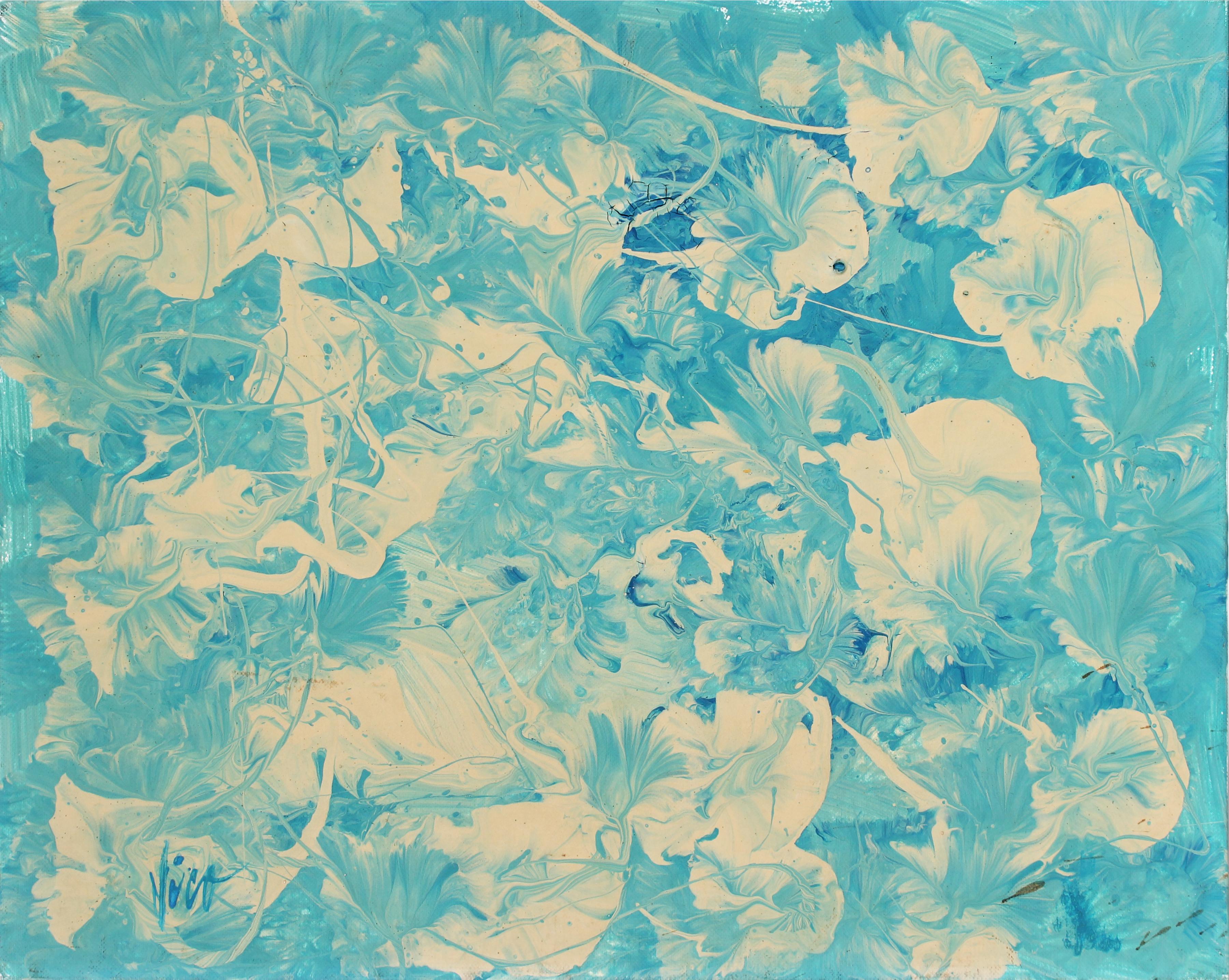 Wiveca Rubinow Abstract Painting - "Petunia Blues" Abstract Oil Painting in Teal & White, 1960s