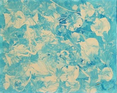 "Petunia Blues" Abstract Oil Painting in Teal & White, 1960s