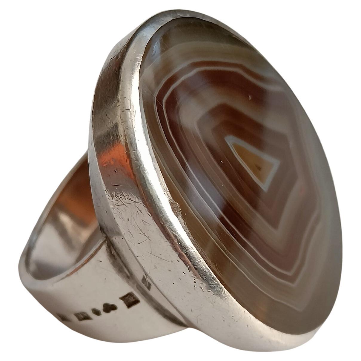 Wiwen Nilsson Silver Men Ring with Flat Cut Agate - Lund, Sweden 1949 For Sale
