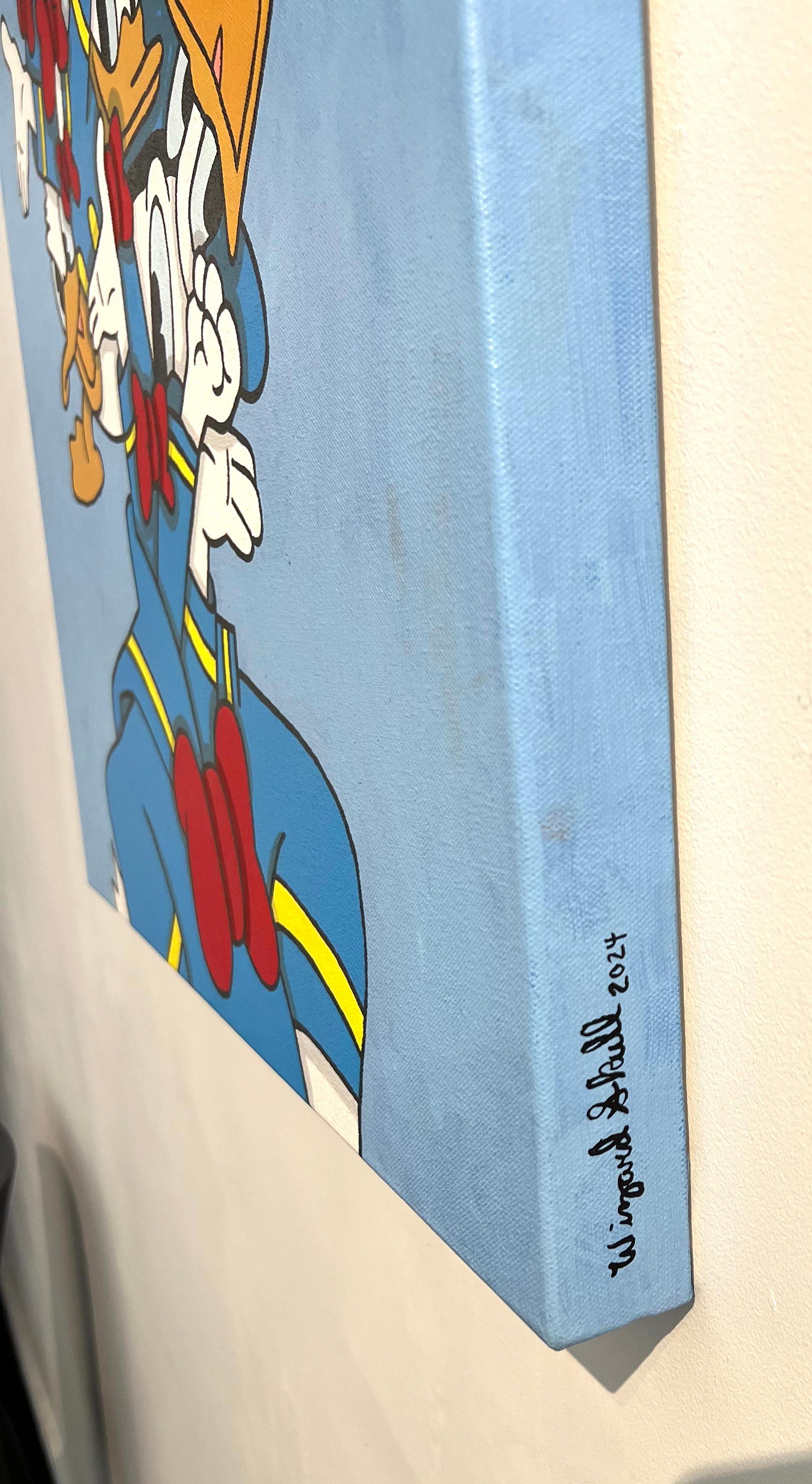 Peinture acrylique contemporaine sur toile pop art Disney rouge bleu figuratif - Pop Art Painting par Wizard Skull