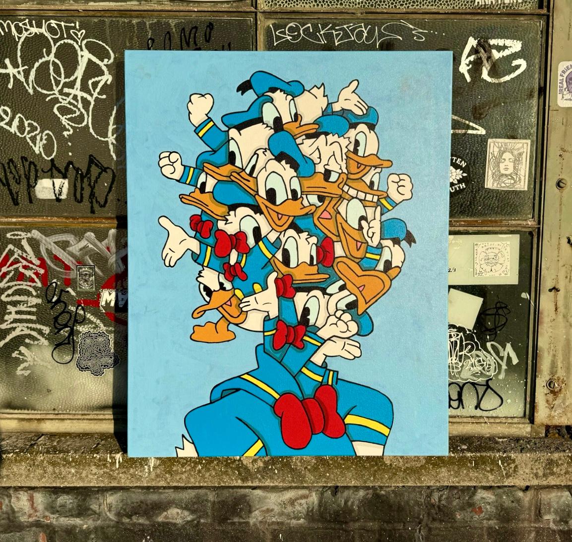 Peinture acrylique contemporaine sur toile pop art Disney rouge bleu figuratif - Bleu Portrait Painting par Wizard Skull