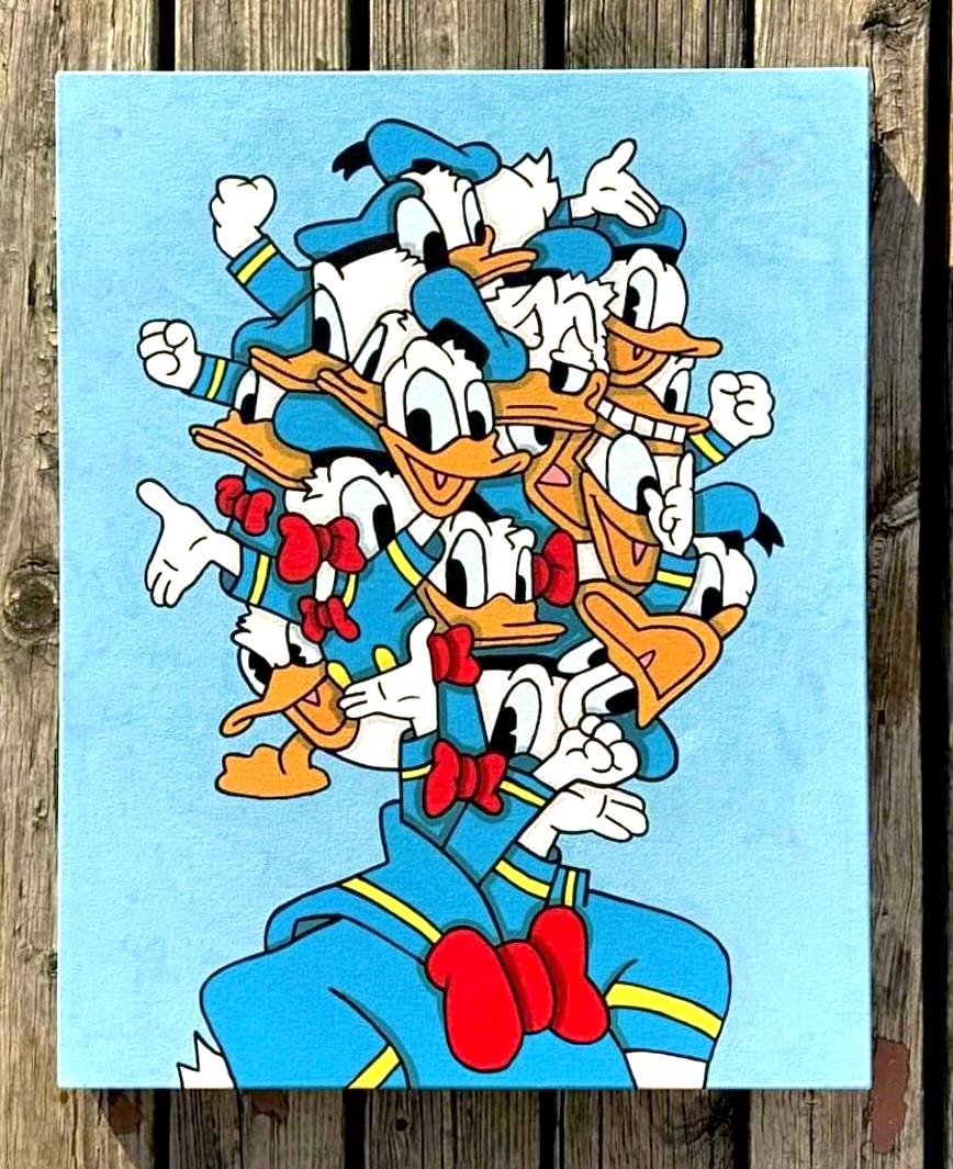 Contemporaneo dipinto a mano in acrilico su tela pop art Disney rosso blu figurativo