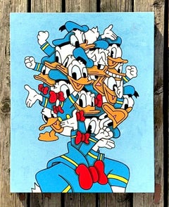 Contemporaneo dipinto a mano in acrilico su tela pop art Disney rosso blu figurativo