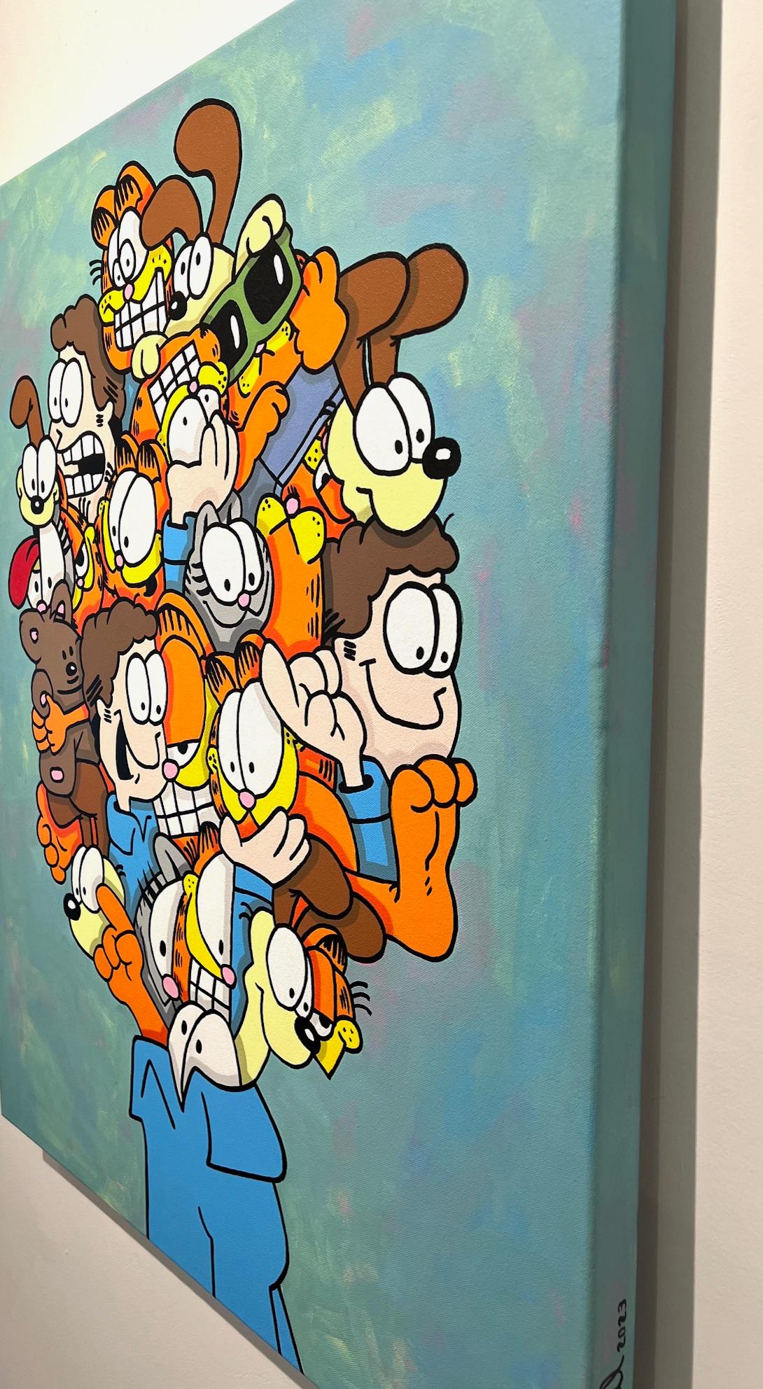 Peinture acrylique contemporaine sur toile pop art Garfield Cat Bleu Orange  - Painting de Wizard Skull