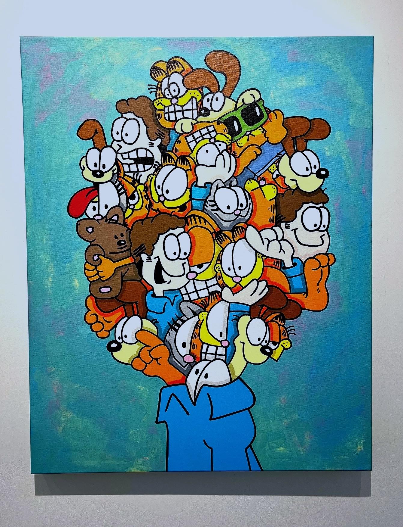 Wizard Skull Figurative Painting – Zeitgenössische Hand gemalt Acryl auf Leinwand Pop-Art Garfield Katze Blau Orange 