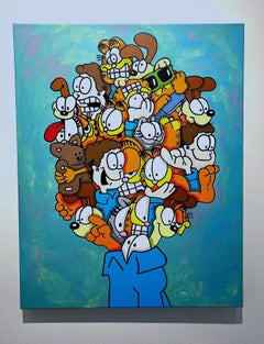 Vintage Contemporary hand painted acrylic on canvas pop art Garfield Cat Blue Orange 