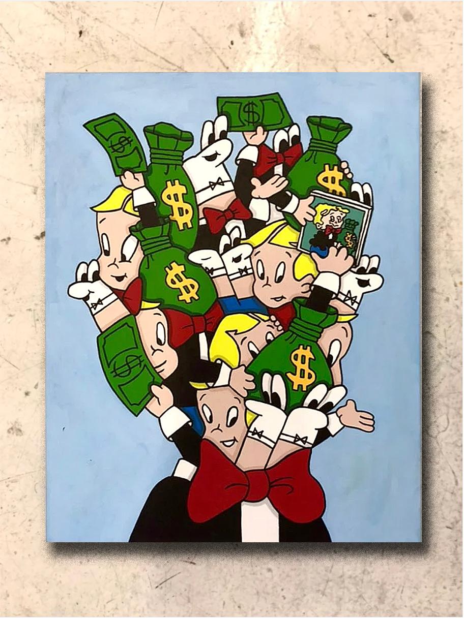 Hand painted acrylic on canvas - lives and works out of Brooklyn NY and is represented by Krause Gallery in Manhattan NY.

Painter and illustrator Wizard Skull’s humorous and often raunchy riffs on cartoon characters and mascots poke fun at pop