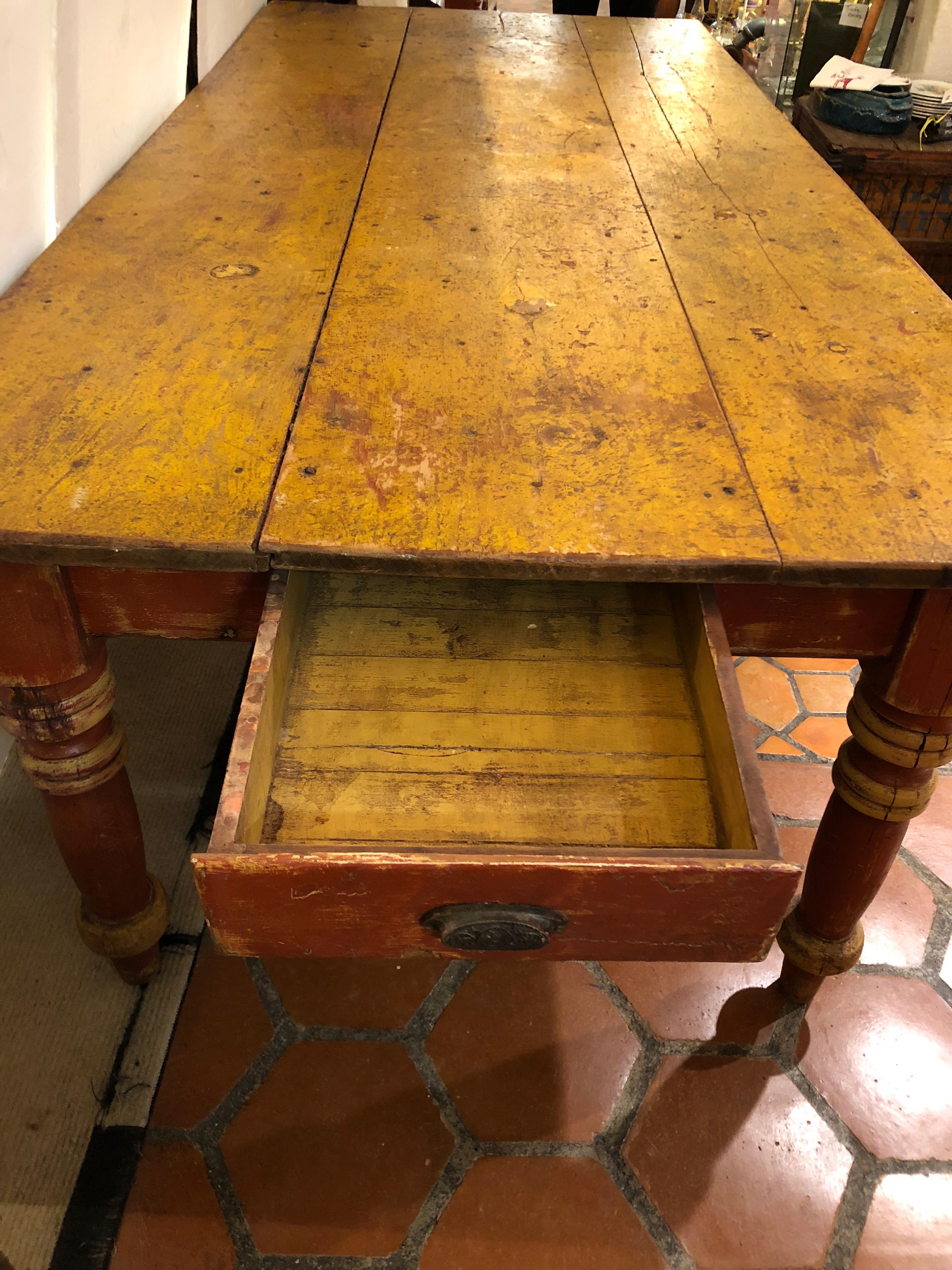 American Wizened Very Large Antique Maine Farmhouse Dining Table with Original Paint