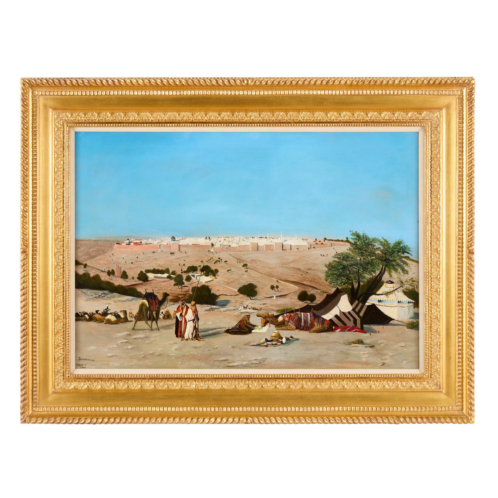 W.J. Appler Landscape Painting - Large Orientalist Oil Painting of Jerusalem by W. J. Appler, 1919