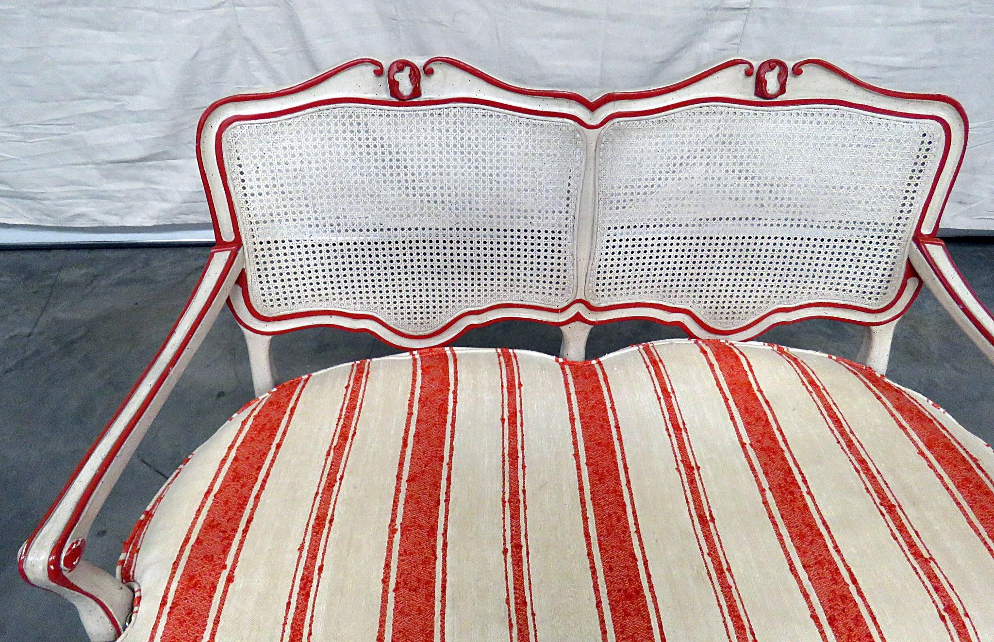 Painted Paint Decorated French Louis XV Cane Settee Window Bench by W&J Sloane