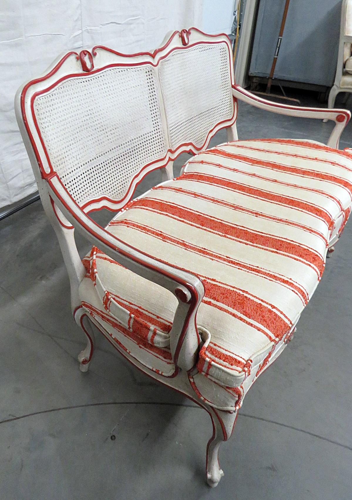 Paint Decorated French Louis XV Cane Settee Window Bench by W&J Sloane In Good Condition In Swedesboro, NJ
