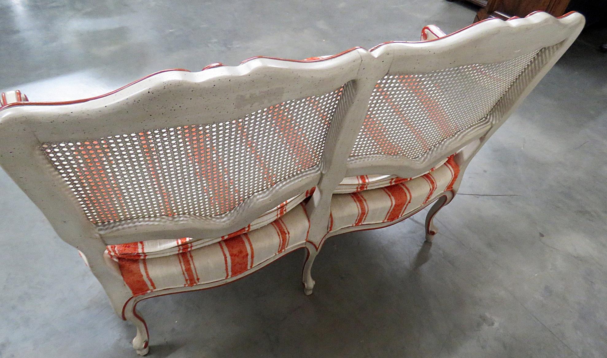 Upholstery Paint Decorated French Louis XV Cane Settee Window Bench by W&J Sloane