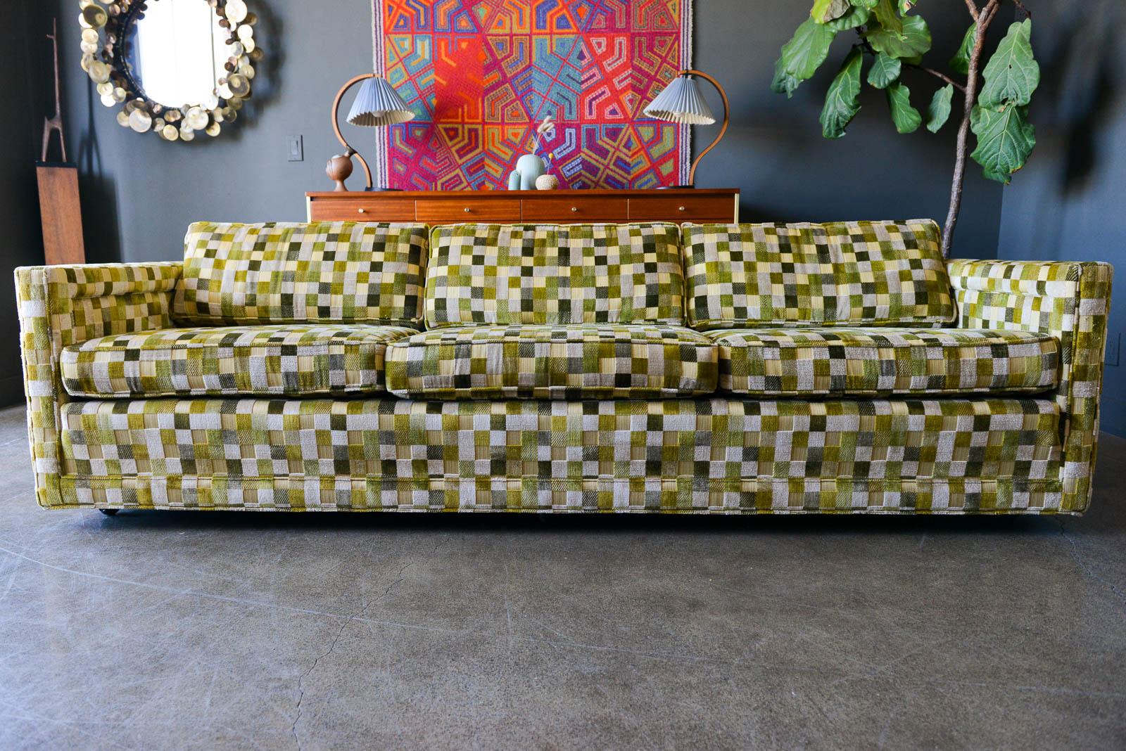 W&J Sloane Mid-Century Modern Sofa with Jack Lenor Larsen Velvet, ca. 1970. Gorgeous clean lines and original Jack Lenor Larsen chartreuse checkerboard velvet. Excellent original condition, professionally cleaned. Sofa has three rolling casters on