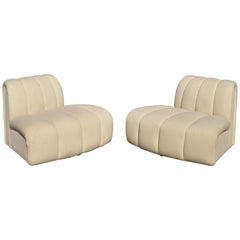 W&J Sloane Upholstered "Cloud" Channel Back Wide Frame Slipper Club Chairs, Pair