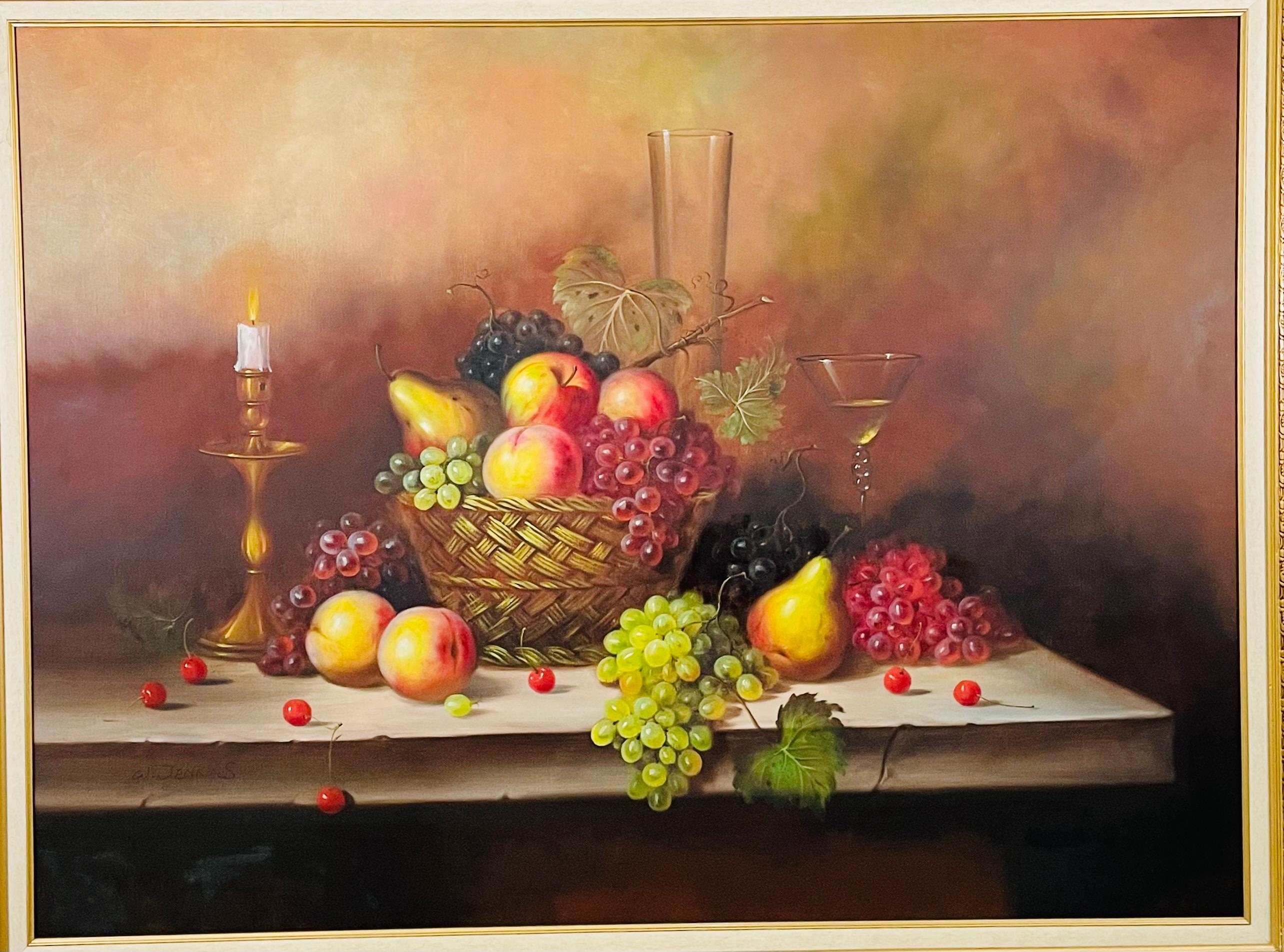 A large oil on canvas still life fruits painting by the artist W.Jenkins (20th Century - United Kingdom). The painting depicts a basket and a table full of grapes and apples next to a candle and a glass of white wine. The painting is lightly signed