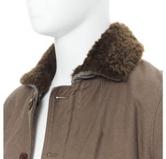 WJK brown faux shearling lined spread collar green washed cotton flight jacket M
