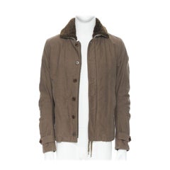 WJK brown faux shearling lined spread collar green washed cotton flight jacket M