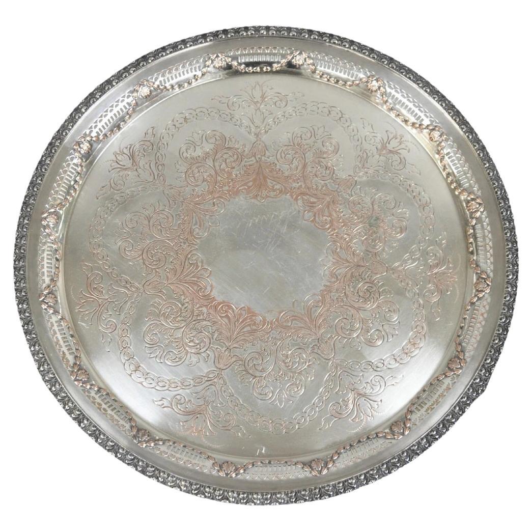W.K. Cowan & Co 20" Round English Edwardian Silver Plated Footed Salver Tray For Sale