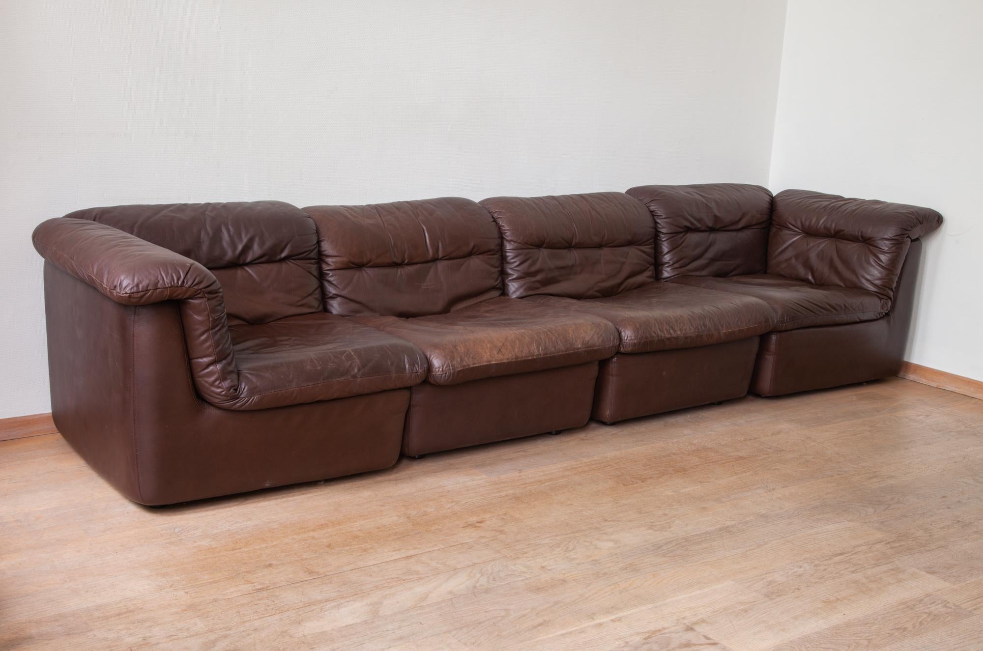 Mid-Century Modern WK Möbel Modular Brown Leather Sofa by Ernst Martin Dettinger